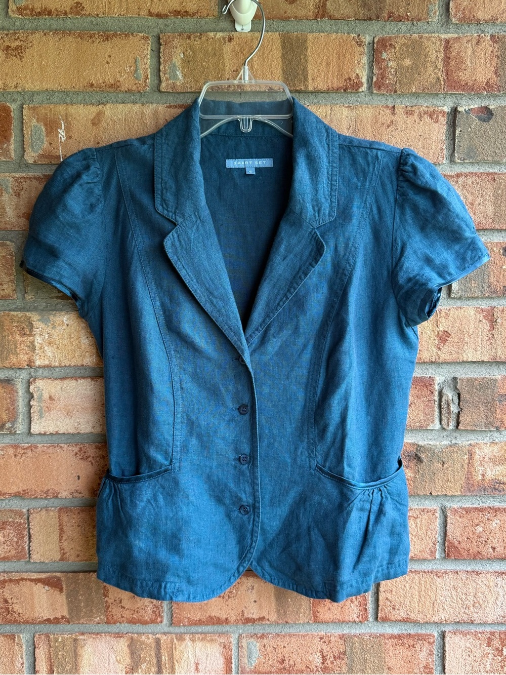 Vintage Y2K Smart Set Blue Linen Short Sleeve Fitted Blazer Blouse Jacket Small